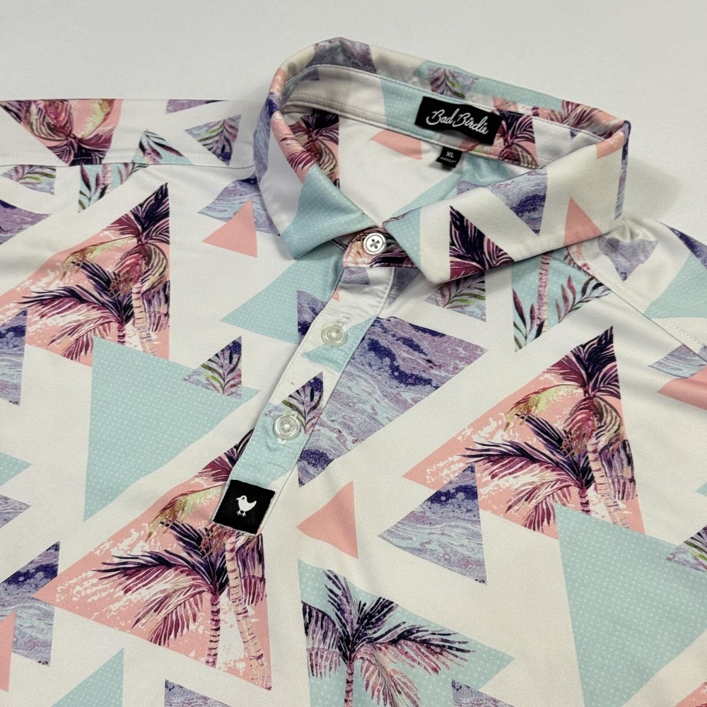Bad Birdie Golf Polo‎ Shirt Mens XL Multicolor Palm Tree Geometric Performance